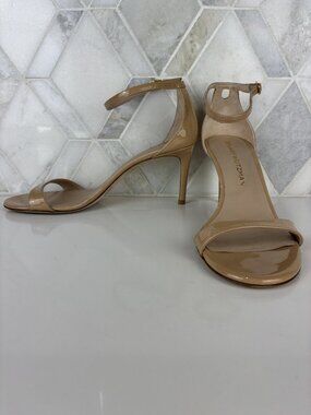 8.5 Stuart Weitzman Nudist II Sandal Heel Ankle Strap Round Toe Patent Tan Nude